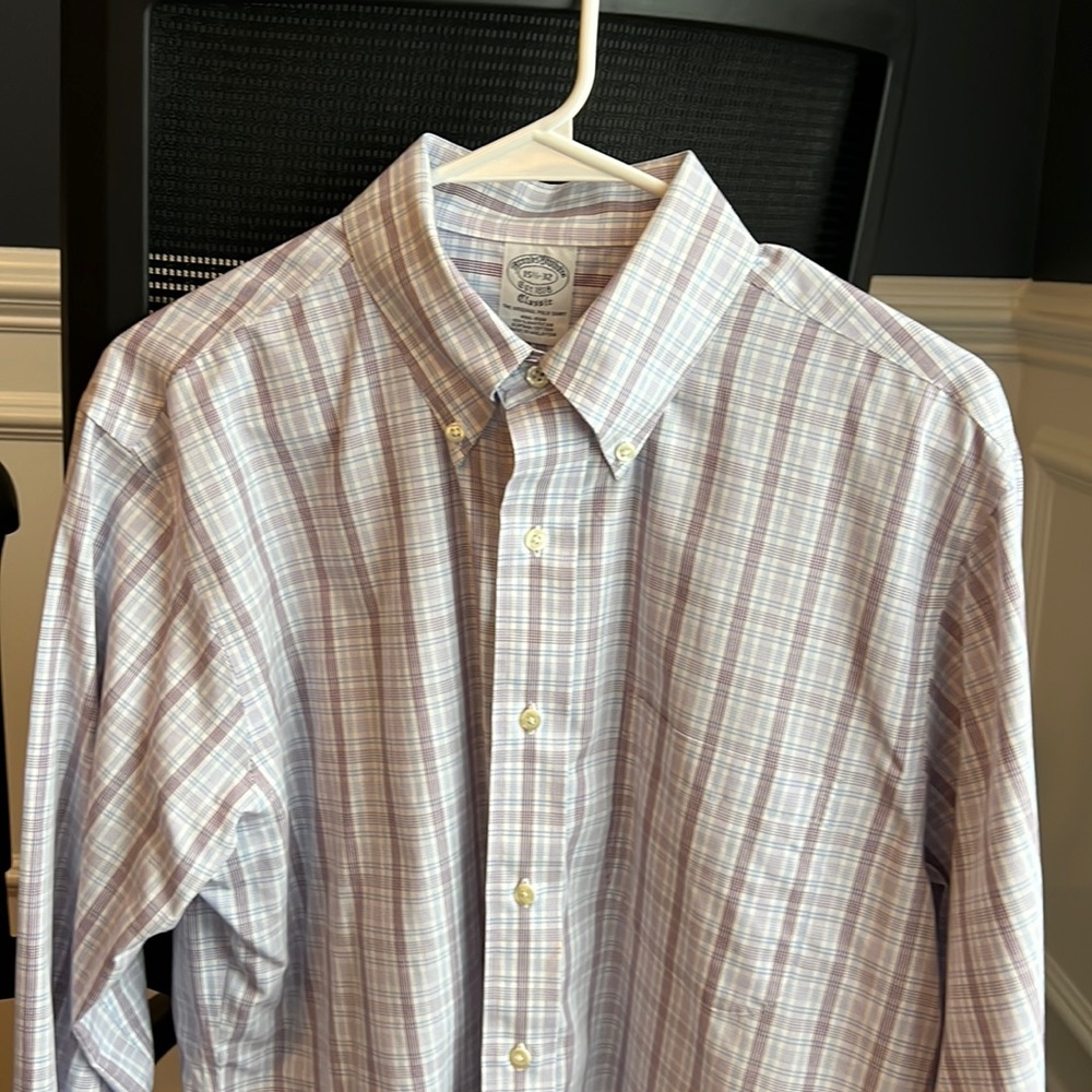 Brooks Brother non-iron dress shirt, purple/blue box, size 15.5/32 regent fit.
